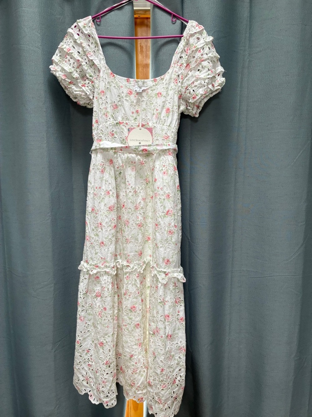 LoveShackFancy White Eyelet Dress with Pink & Green Floral Accents
